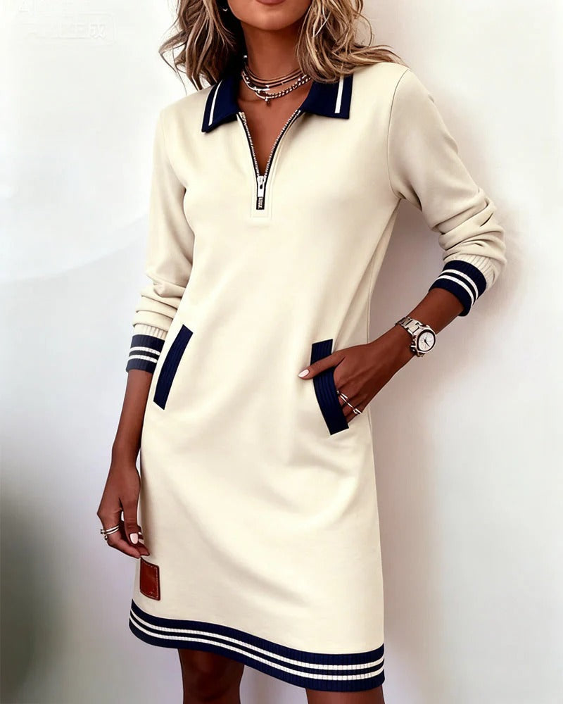 Quarter zip long sleeve dress with striped polo collar, cuffs and hem - view 17