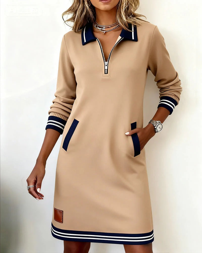 Quarter zip long sleeve dress with striped polo collar, cuffs and hem - view 5