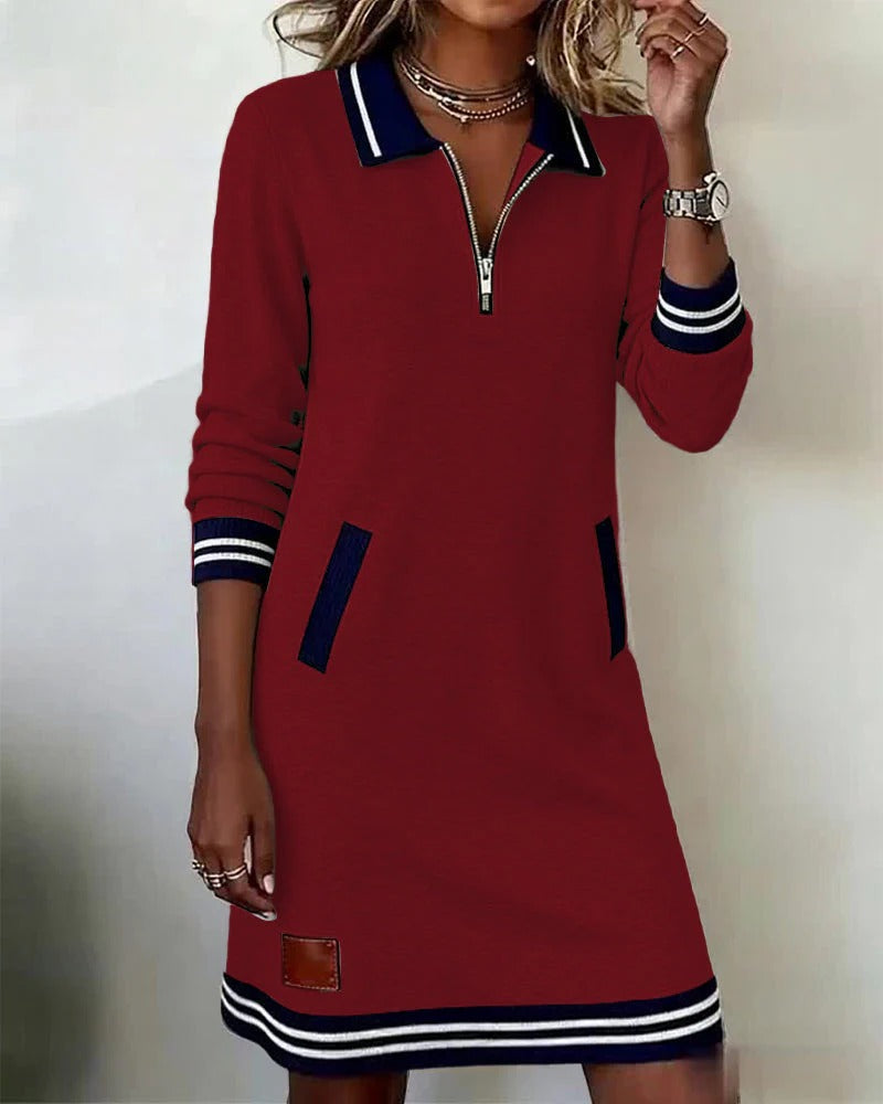 Quarter zip long sleeve dress with striped polo collar, cuffs and hem - view 9