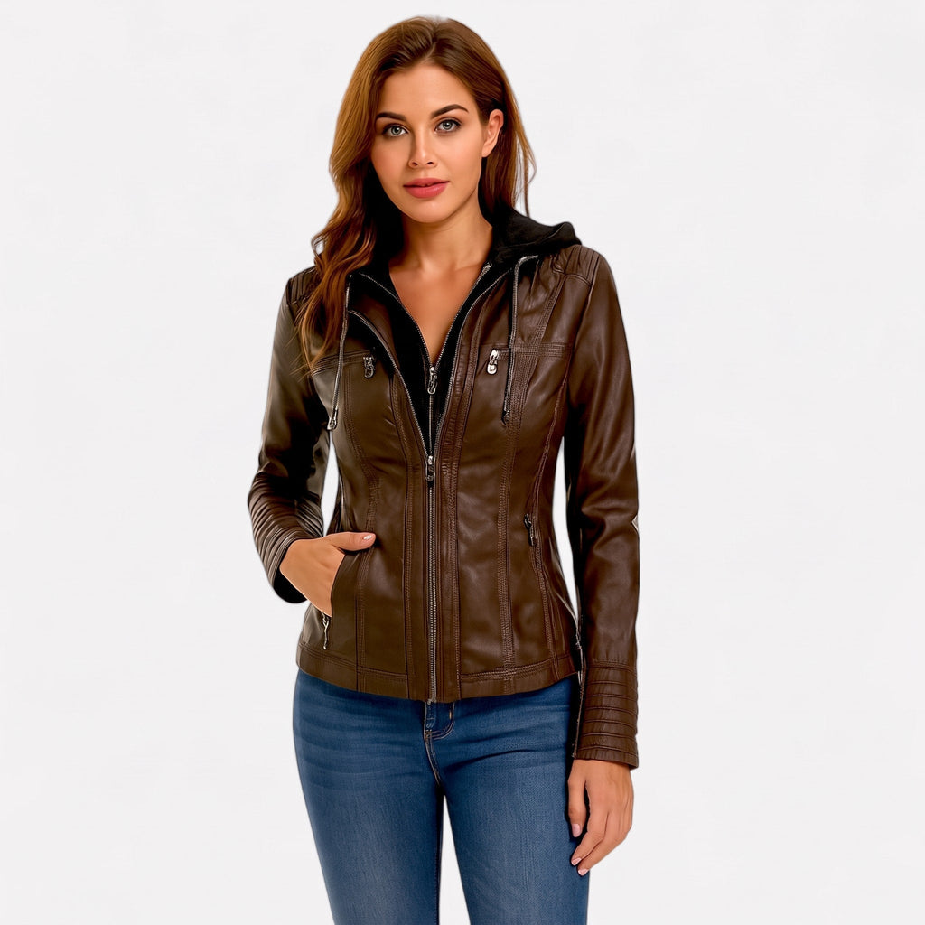 Biker Jacket Womens Hooded Zip Front Fitted Waist Panelled Plus Size