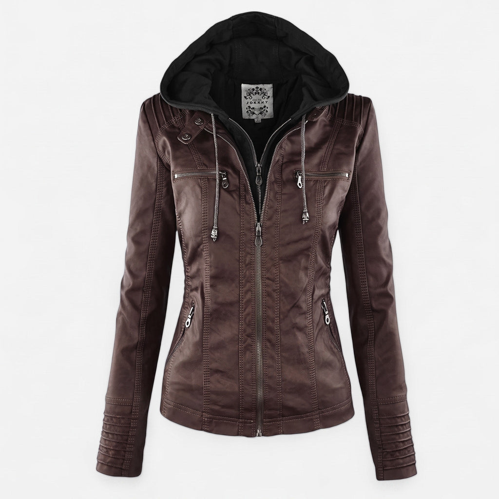 Biker Jacket Womens Hooded Zip Front Fitted Waist Panelled Plus Size