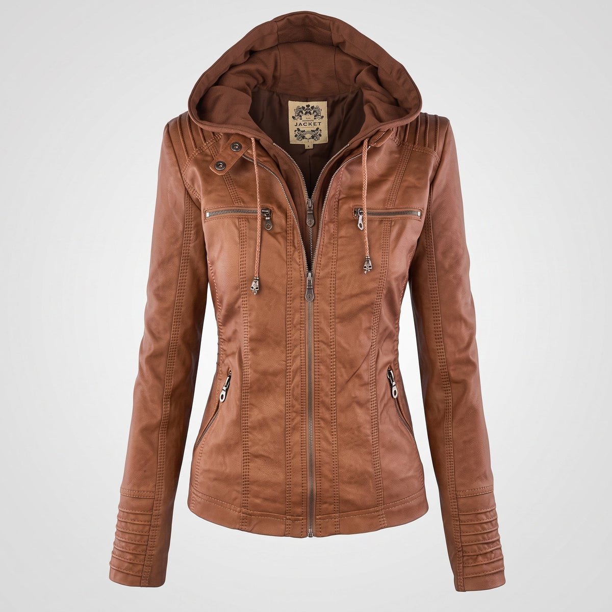 Biker Jacket Womens Hooded Zip Front Fitted Waist Panelled Plus Size