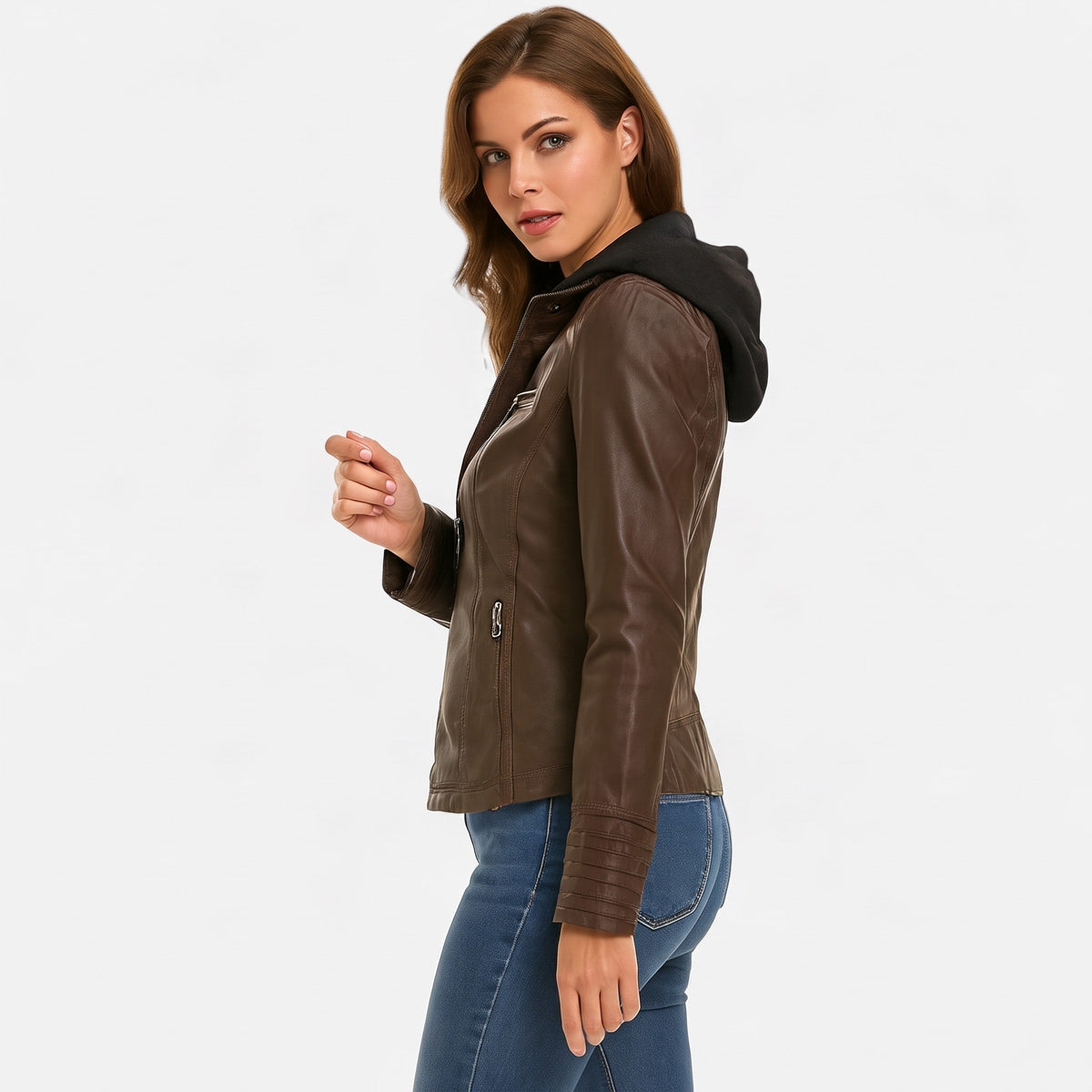 Biker Jacket Womens Hooded Zip Front Fitted Waist Panelled Plus Size