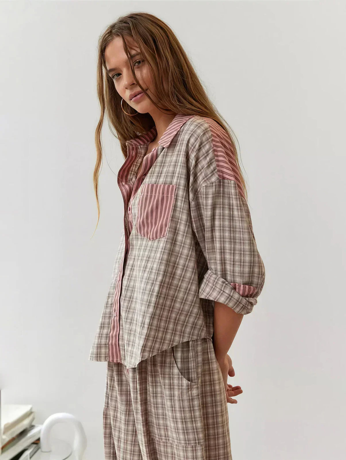 Oversized pink plaid pyjama set with contrast stripe collar, pocket and cuffs and drawstring trousers - view 2