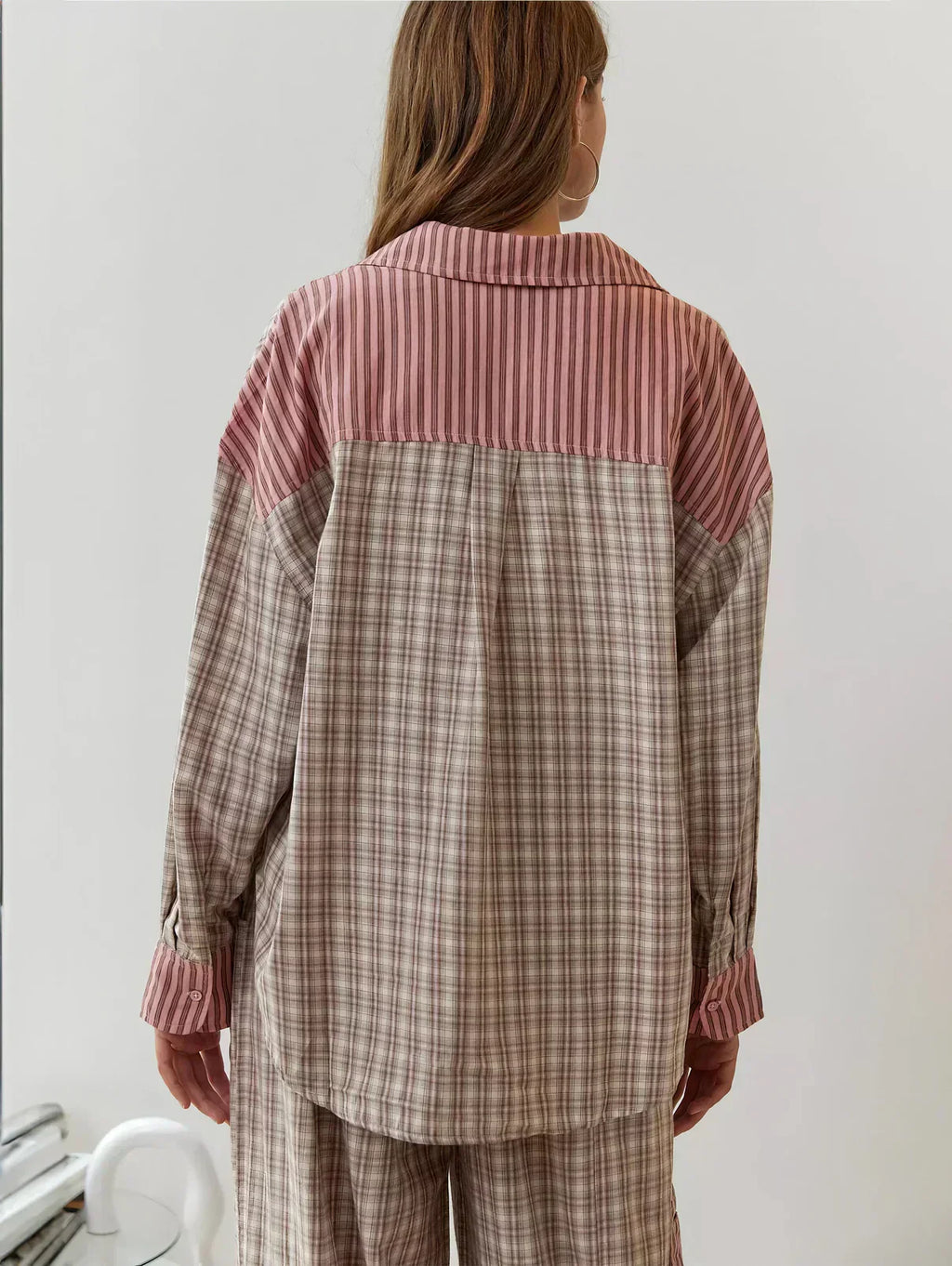 Oversized pink plaid pyjama set with contrast stripe collar, pocket and cuffs and drawstring trousers - view 3