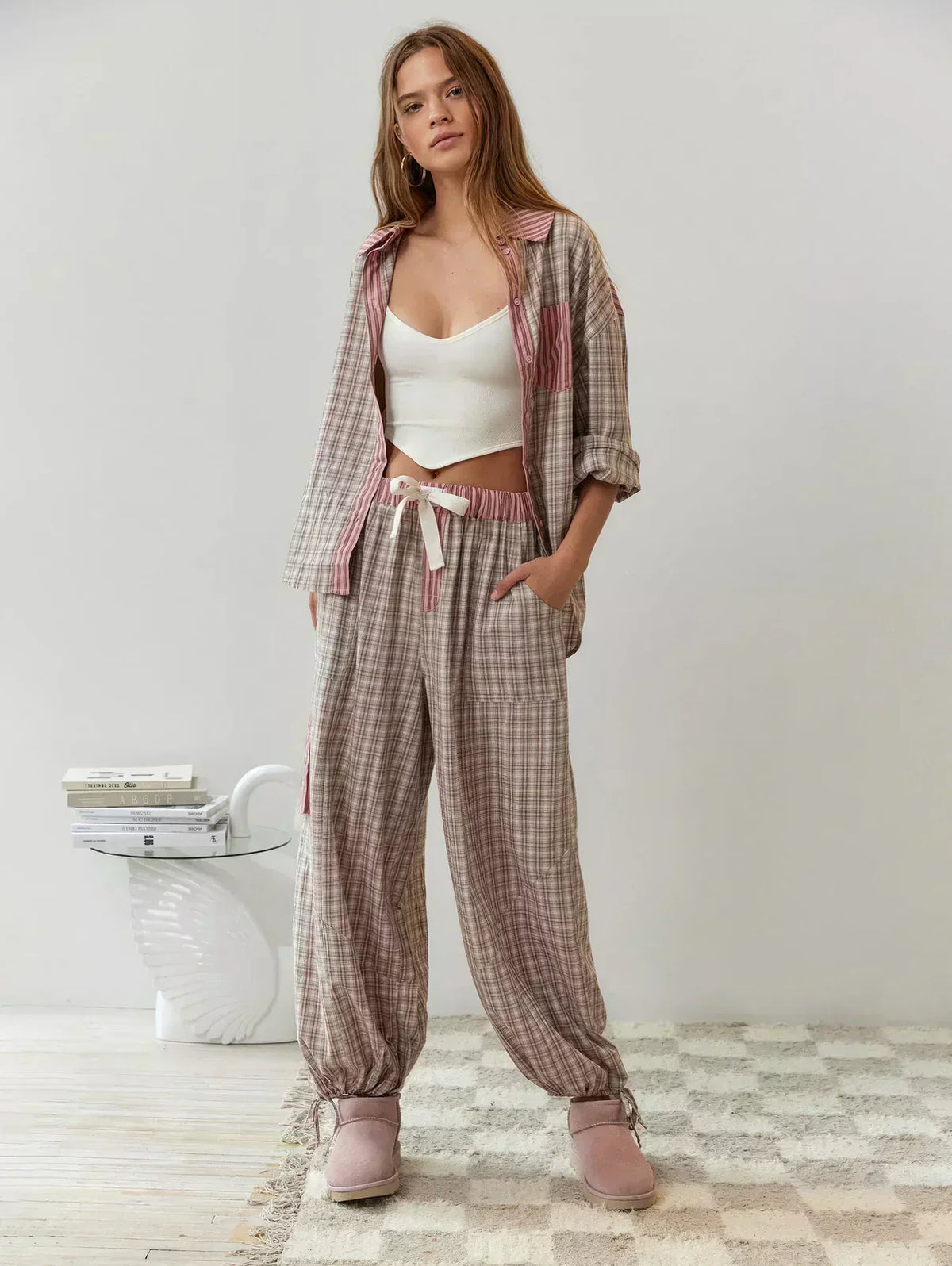Oversized pink plaid pyjama set with contrast stripe collar, pocket and cuffs and drawstring trousers - view 4