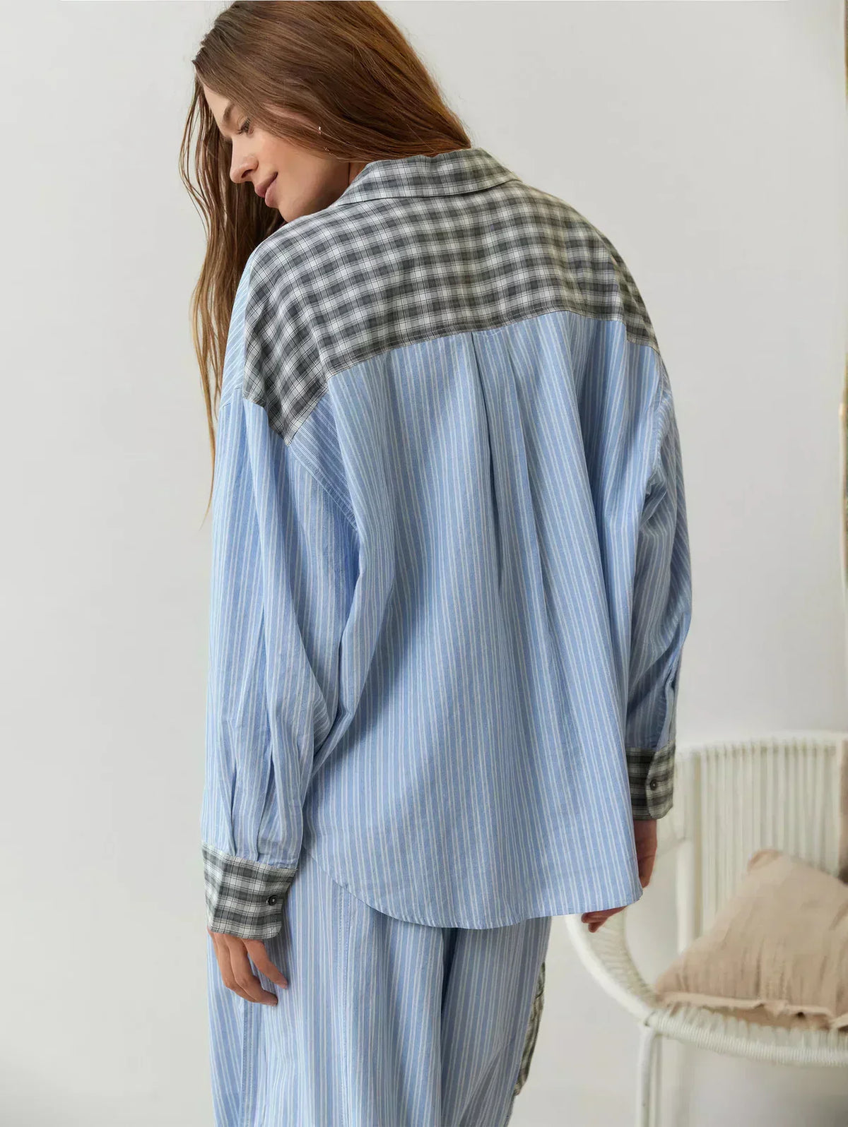 Oversized pink plaid pyjama set with contrast stripe collar, pocket and cuffs and drawstring trousers - view 6