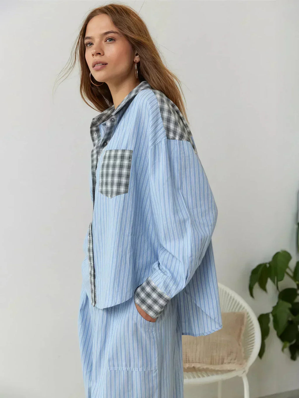 Oversized pink plaid pyjama set with contrast stripe collar, pocket and cuffs and drawstring trousers - view 7