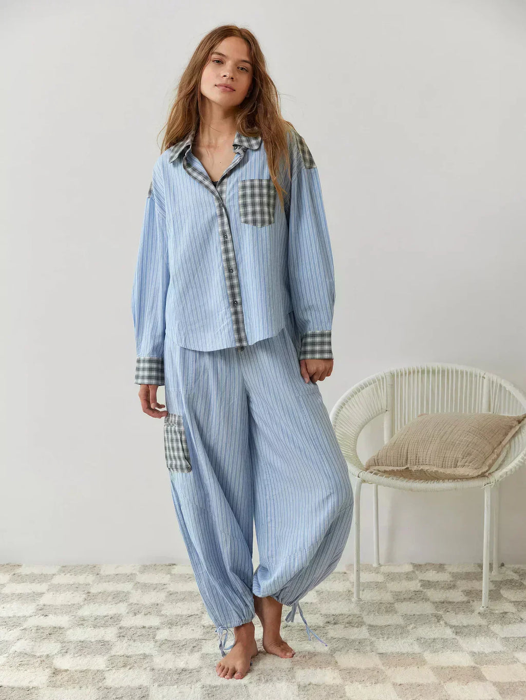 Oversized pink plaid pyjama set with contrast stripe collar, pocket and cuffs and drawstring trousers - view 8