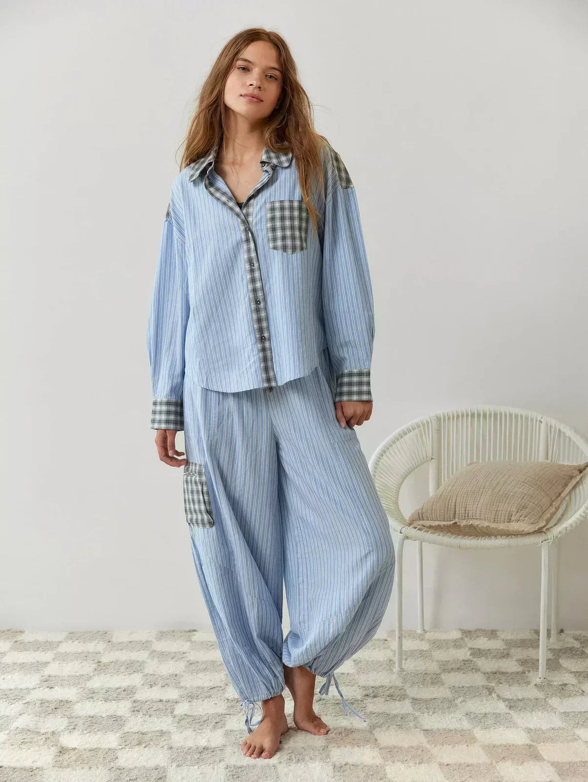 Oversized pink plaid pyjama set with contrast stripe collar, pocket and cuffs and drawstring trousers - view 8