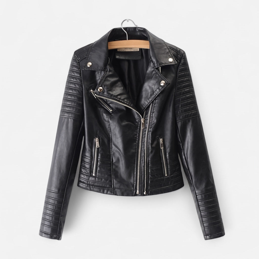 Biker Jacket Womens Quilted Shoulder Asymmetric Zip Notched Lapel Fitted