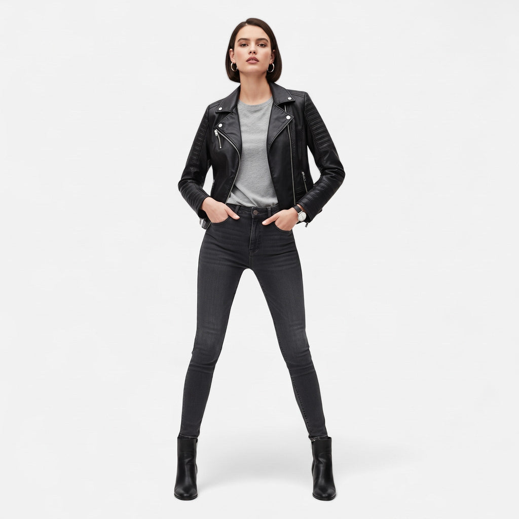Biker Jacket Womens Quilted Shoulder Asymmetric Zip Notched Lapel Fitted