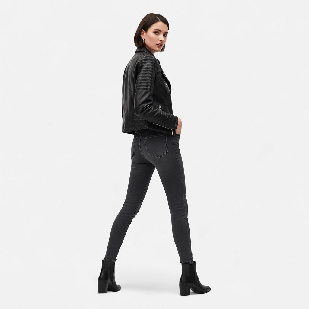 Biker Jacket Womens Quilted Shoulder Asymmetric Zip Notched Lapel Fitted