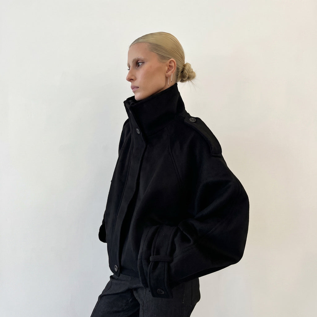Coat Womens Oversized Funnel Neck Wool Look Cropped Boxy Epaulettes Button Collar