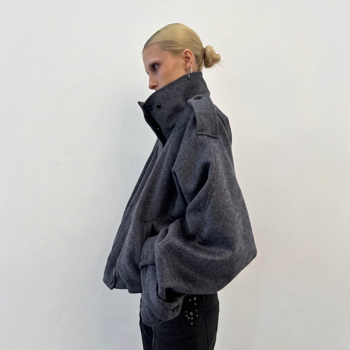 Coat Womens Oversized Funnel Neck Wool Look Cropped Boxy Epaulettes Button Collar