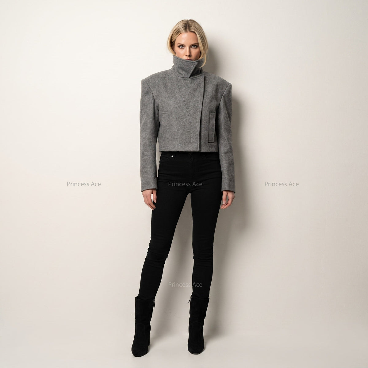 Coat Womens Oversized Funnel Neck Wool Look Cropped Boxy Epaulettes Button Collar
