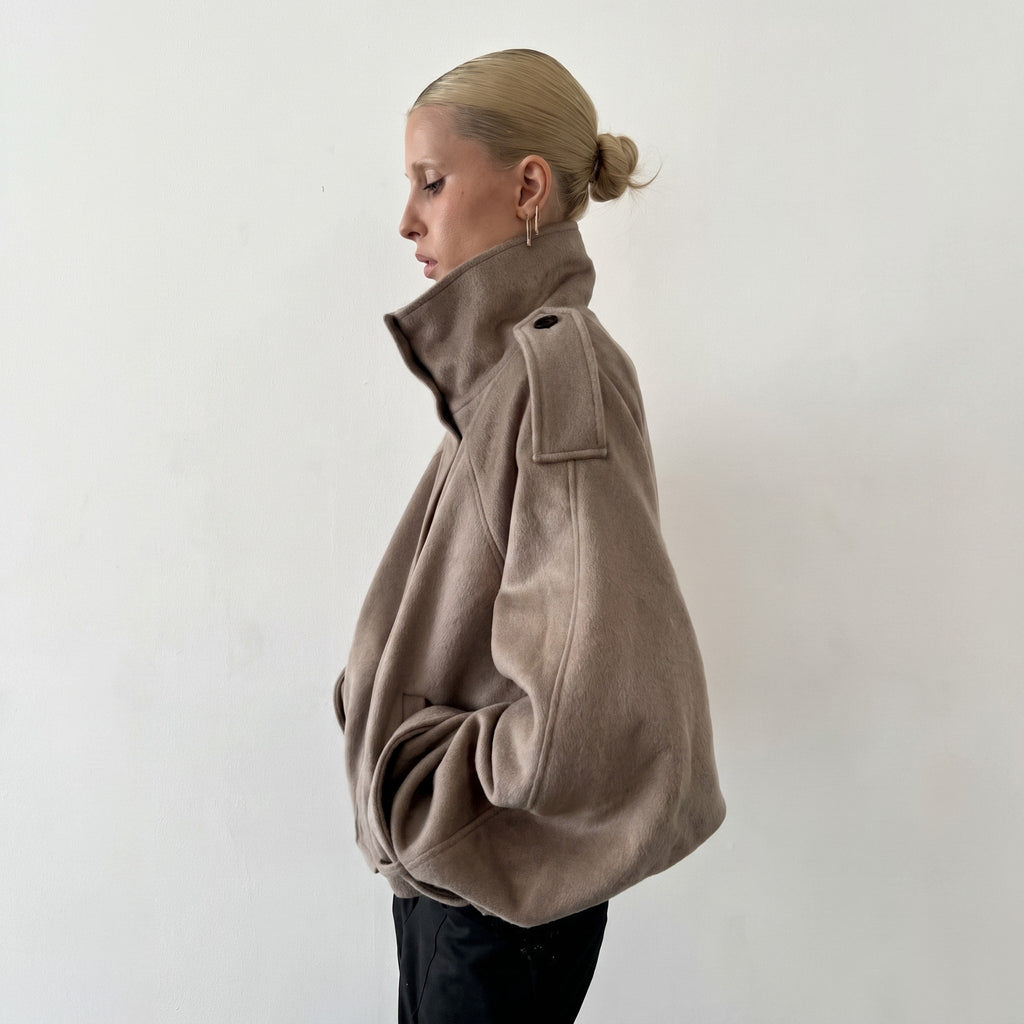 Coat Womens Oversized Funnel Neck Wool Look Cropped Boxy Epaulettes Button Collar