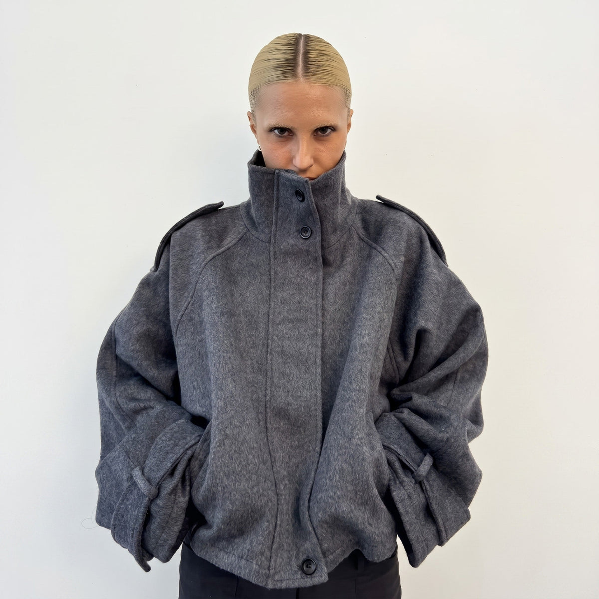 Coat Womens Oversized Funnel Neck Wool Look Cropped Boxy Epaulettes Button Collar