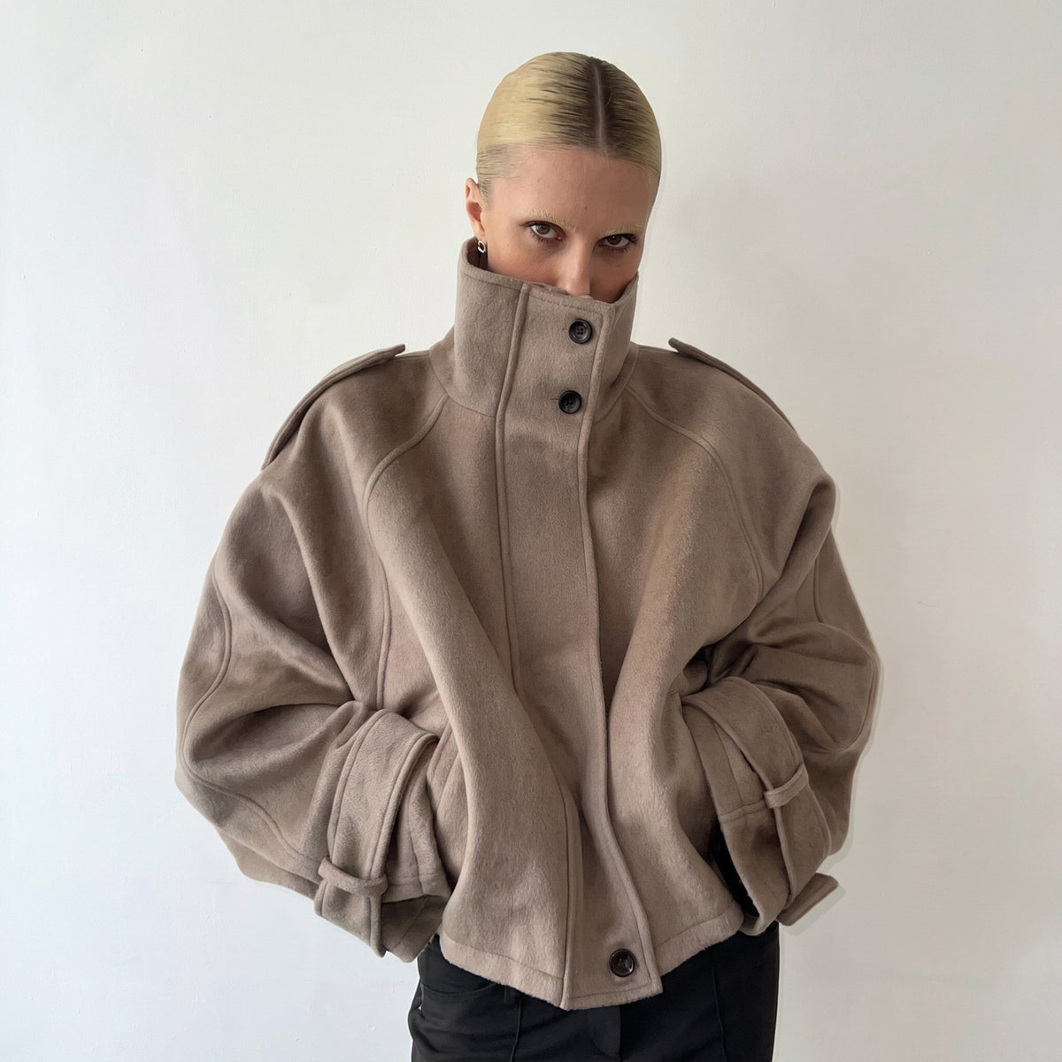 Coat Womens Oversized Funnel Neck Wool Look Cropped Boxy Epaulettes Button Collar