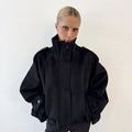 Coat Womens Oversized Funnel Neck Wool Look Cropped Boxy Epaulettes Button Collar