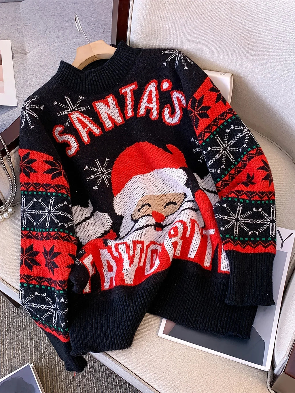 Black oversized Christmas jumper with Santa motif and red fair isle snowflake sleeves - view 2
