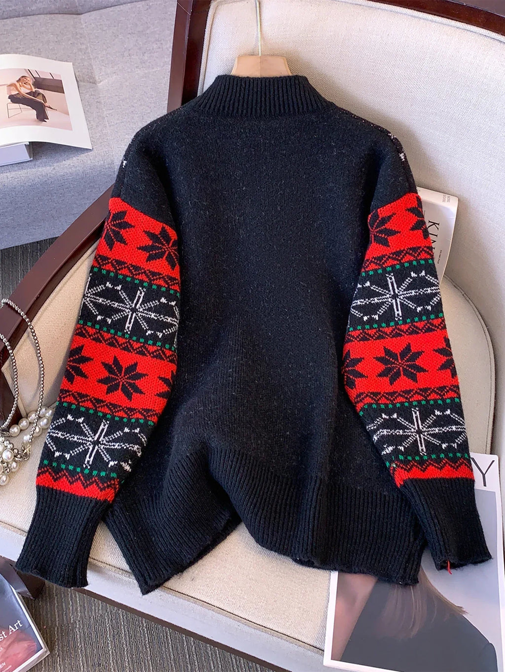 Black oversized Christmas jumper with Santa motif and red fair isle snowflake sleeves - view 3