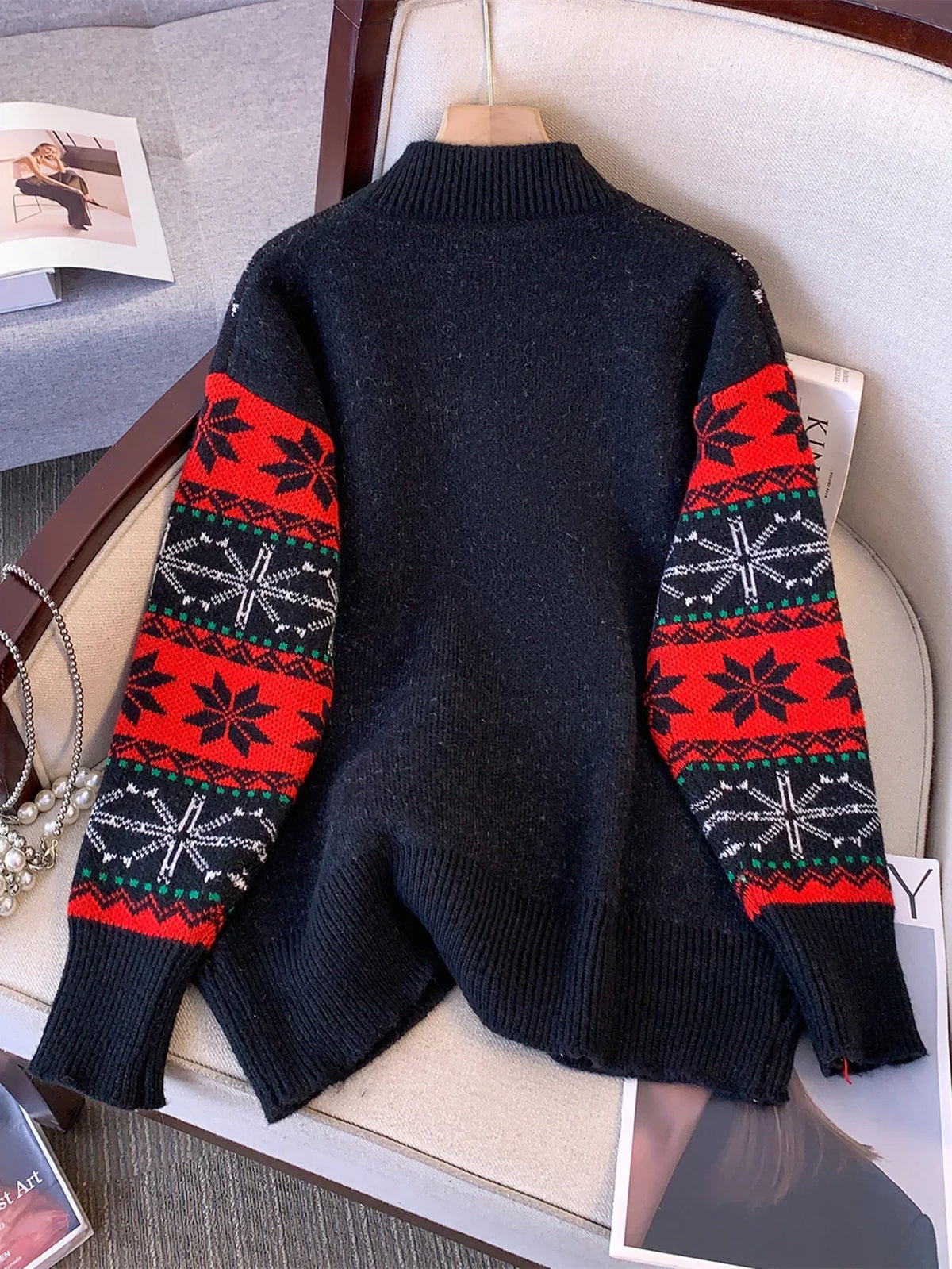Black oversized Christmas jumper with Santa motif and red fair isle snowflake sleeves - view 3