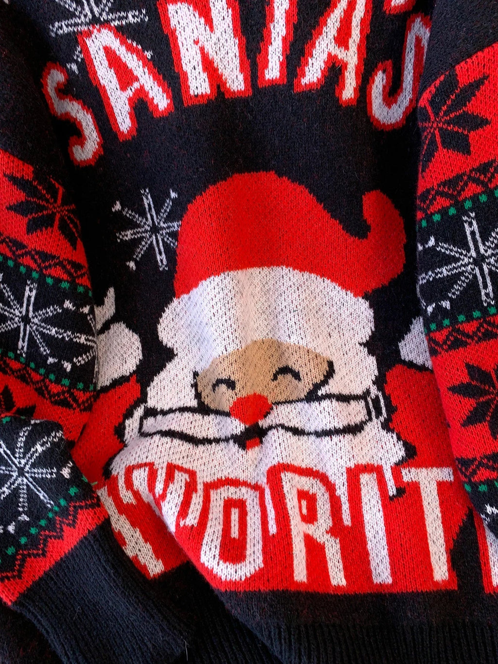 Black oversized Christmas jumper with Santa motif and red fair isle snowflake sleeves - view 4