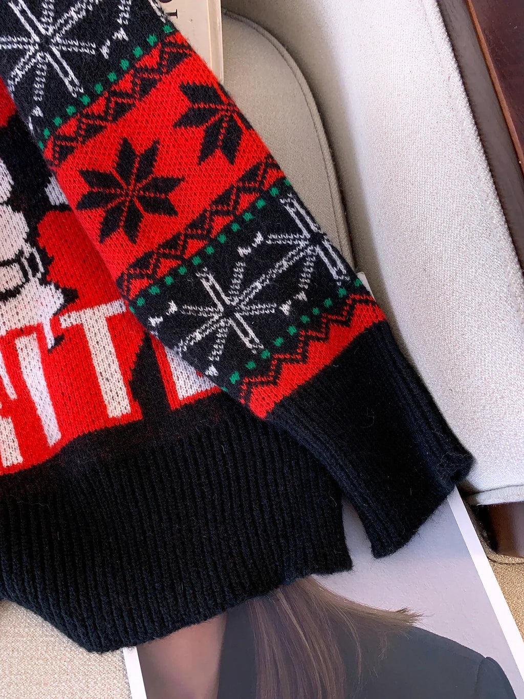 Black oversized Christmas jumper with Santa motif and red fair isle snowflake sleeves - view 5