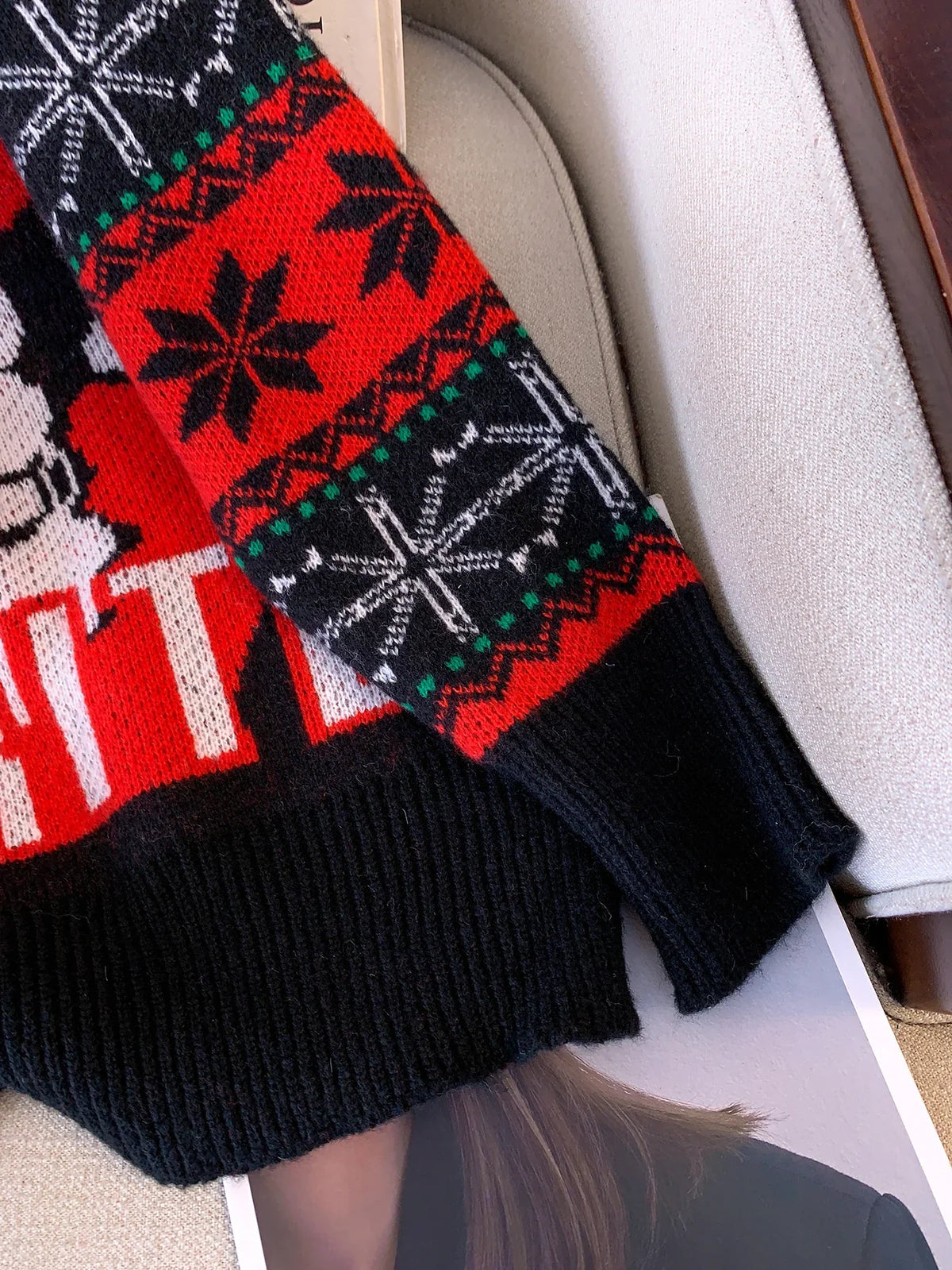 Black oversized Christmas jumper with Santa motif and red fair isle snowflake sleeves - view 5