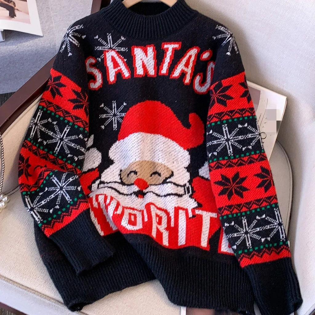 Black oversized Christmas jumper with Santa motif and red fair isle snowflake sleeves - view 6