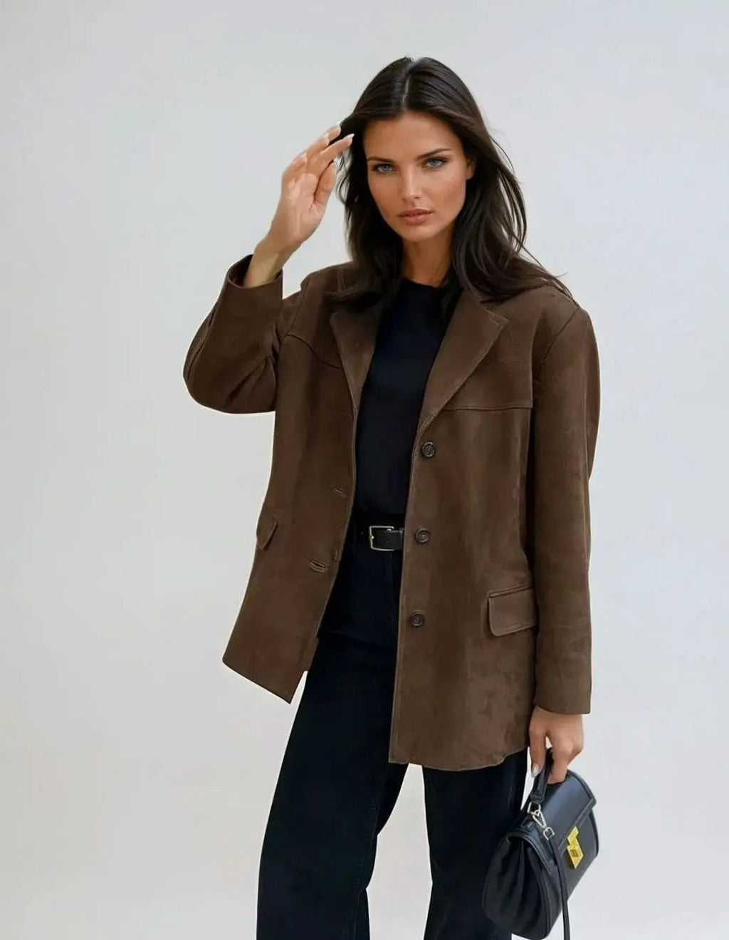 Ivy | Women's Brown Suede Button-Up Blazer Coat with Pockets