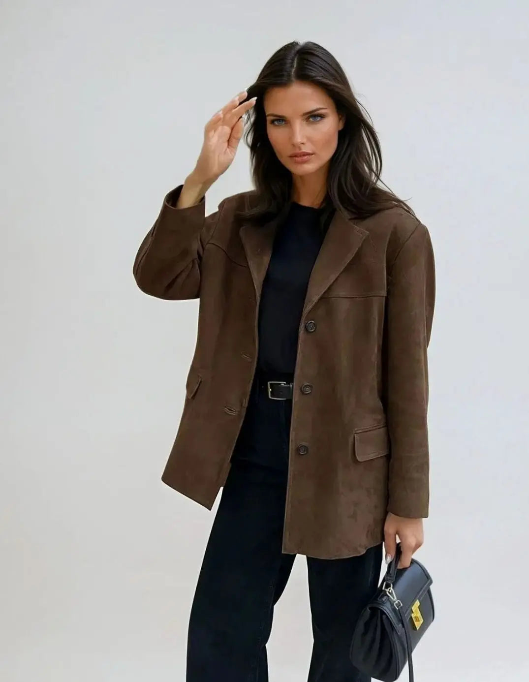 Ivy | Women's Brown Suede Button-Up Blazer Coat with Pockets