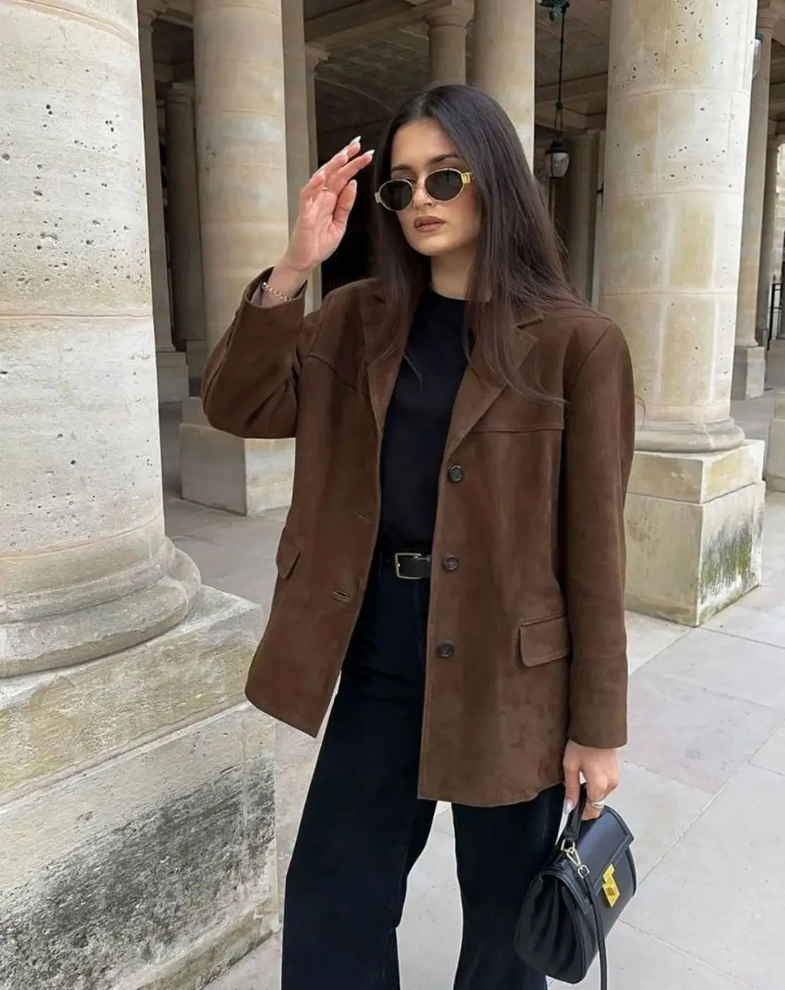 Ivy | Women's Brown Suede Button-Up Blazer Coat with Pockets