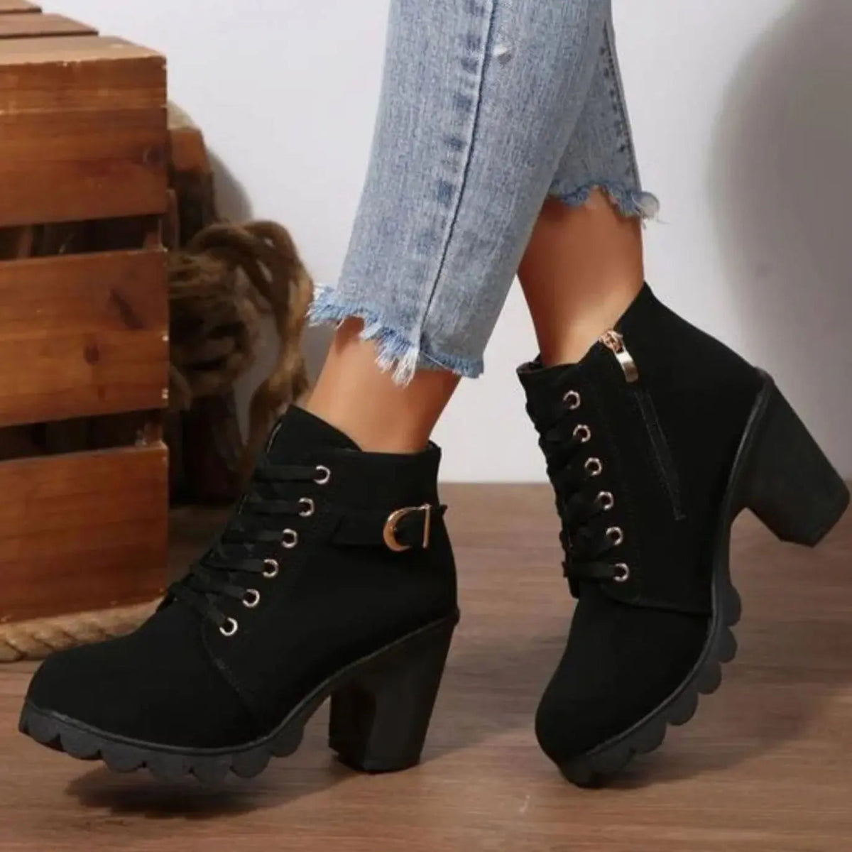 Emily | Women's Chunky-Heel Lace-Up Ankle Boots Metal Buckle