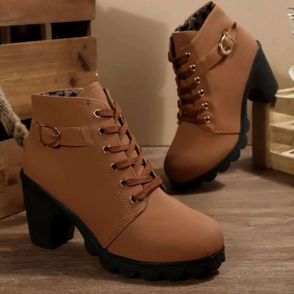 Emily | Women's Chunky-Heel Lace-Up Ankle Boots Metal Buckle