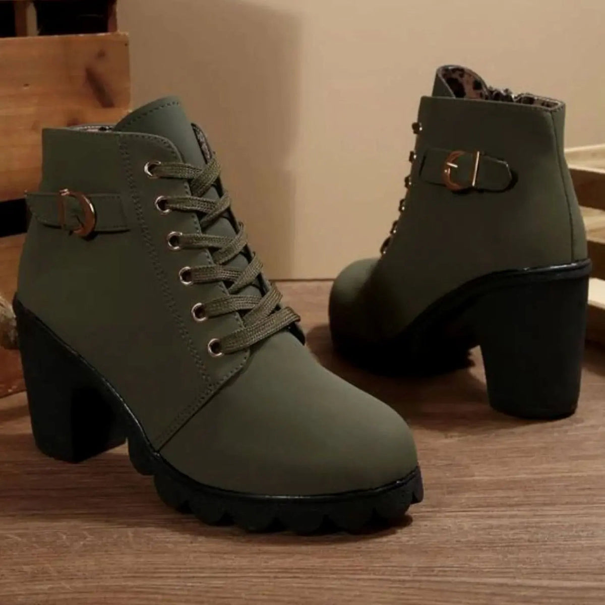 Emily | Women's Chunky-Heel Lace-Up Ankle Boots Metal Buckle
