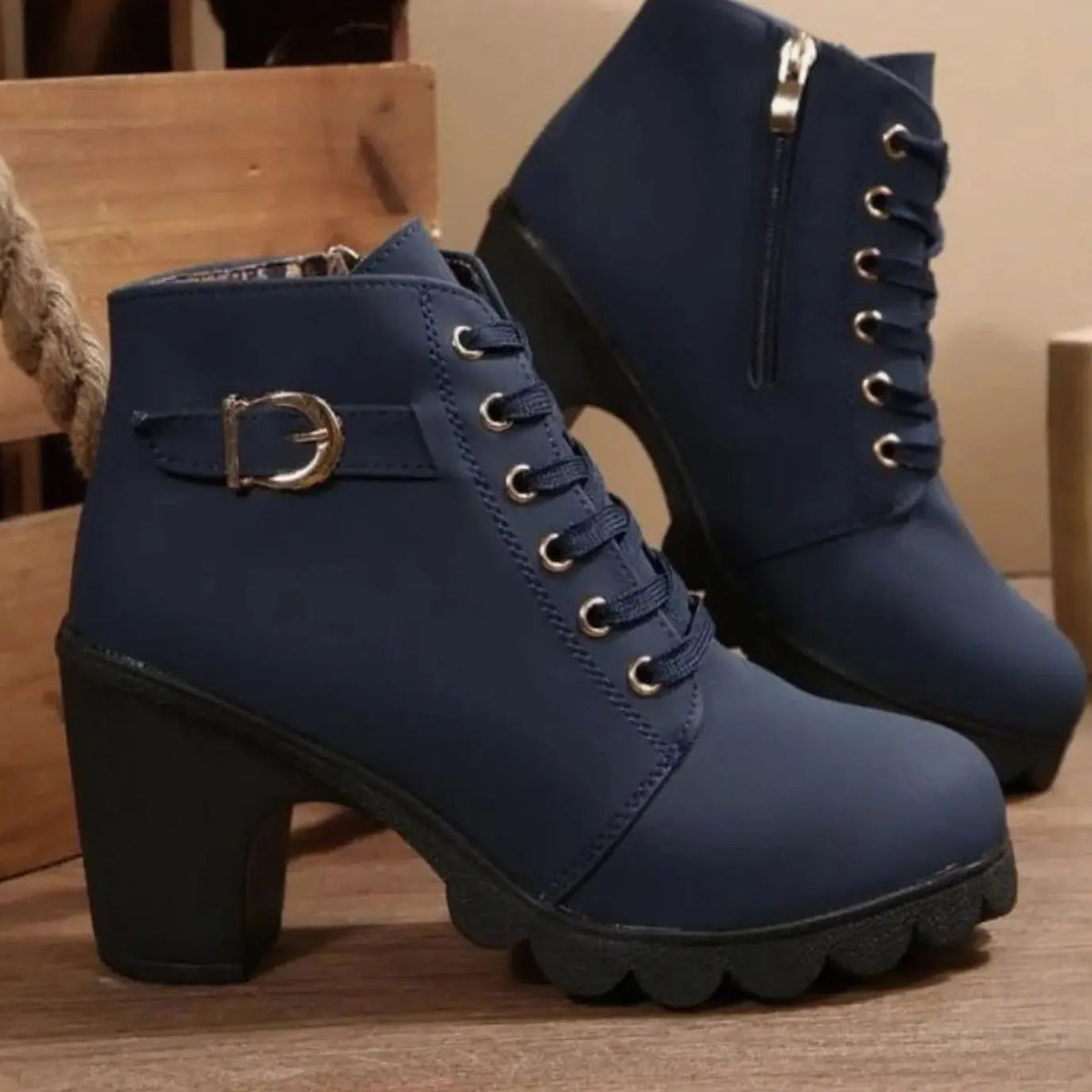 Emily | Women's Chunky-Heel Lace-Up Ankle Boots Metal Buckle