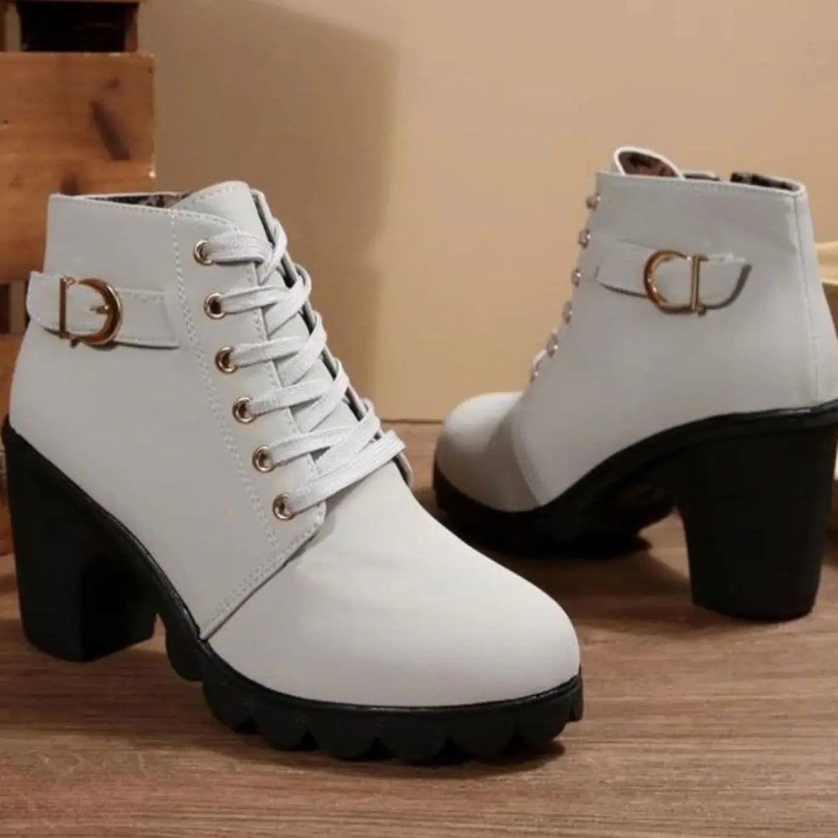 Emily | Women's Chunky-Heel Lace-Up Ankle Boots Metal Buckle