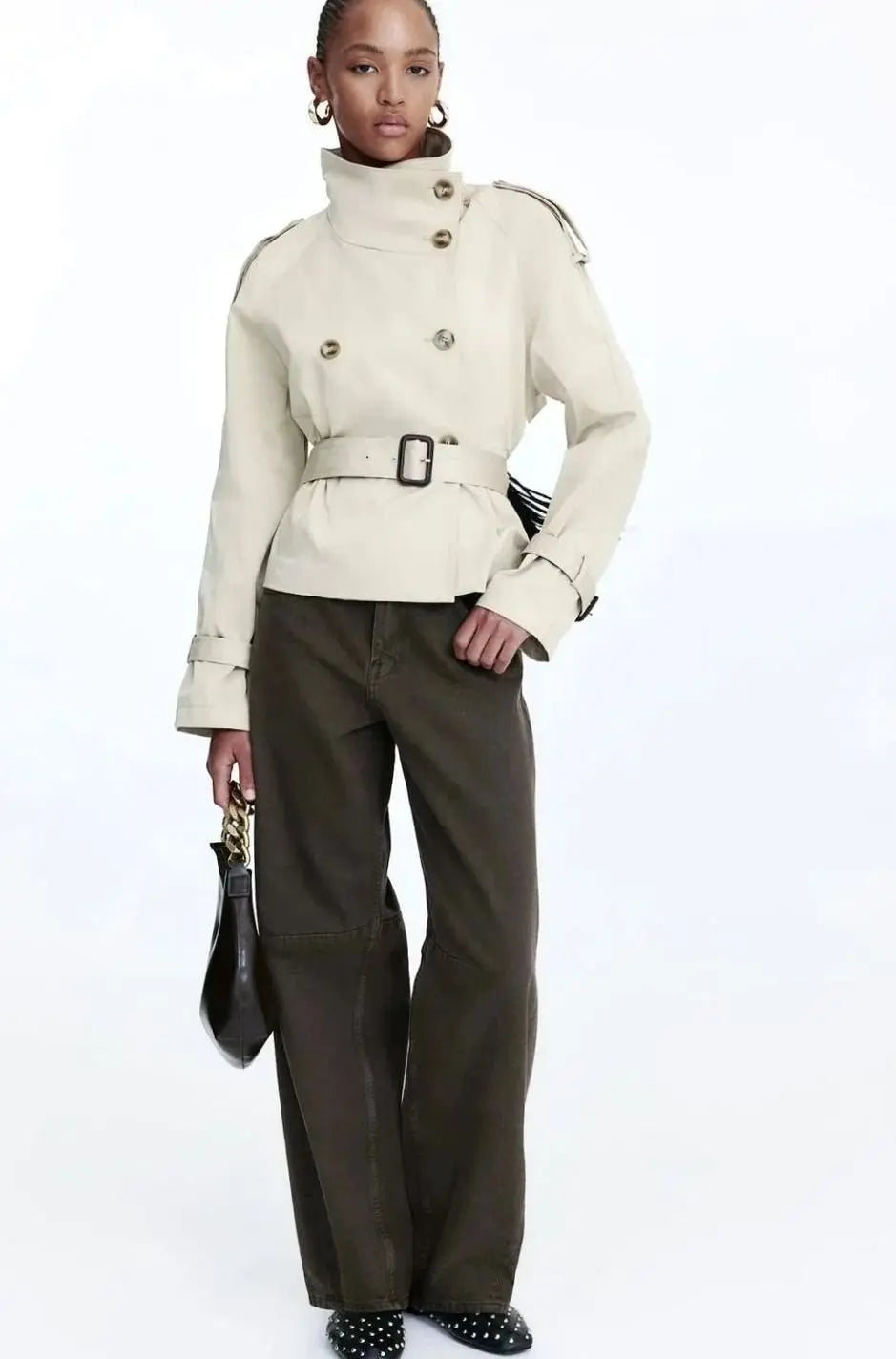Ivy | Women's Cropped Trench Coat Stand-Up Collar Belted Jacket