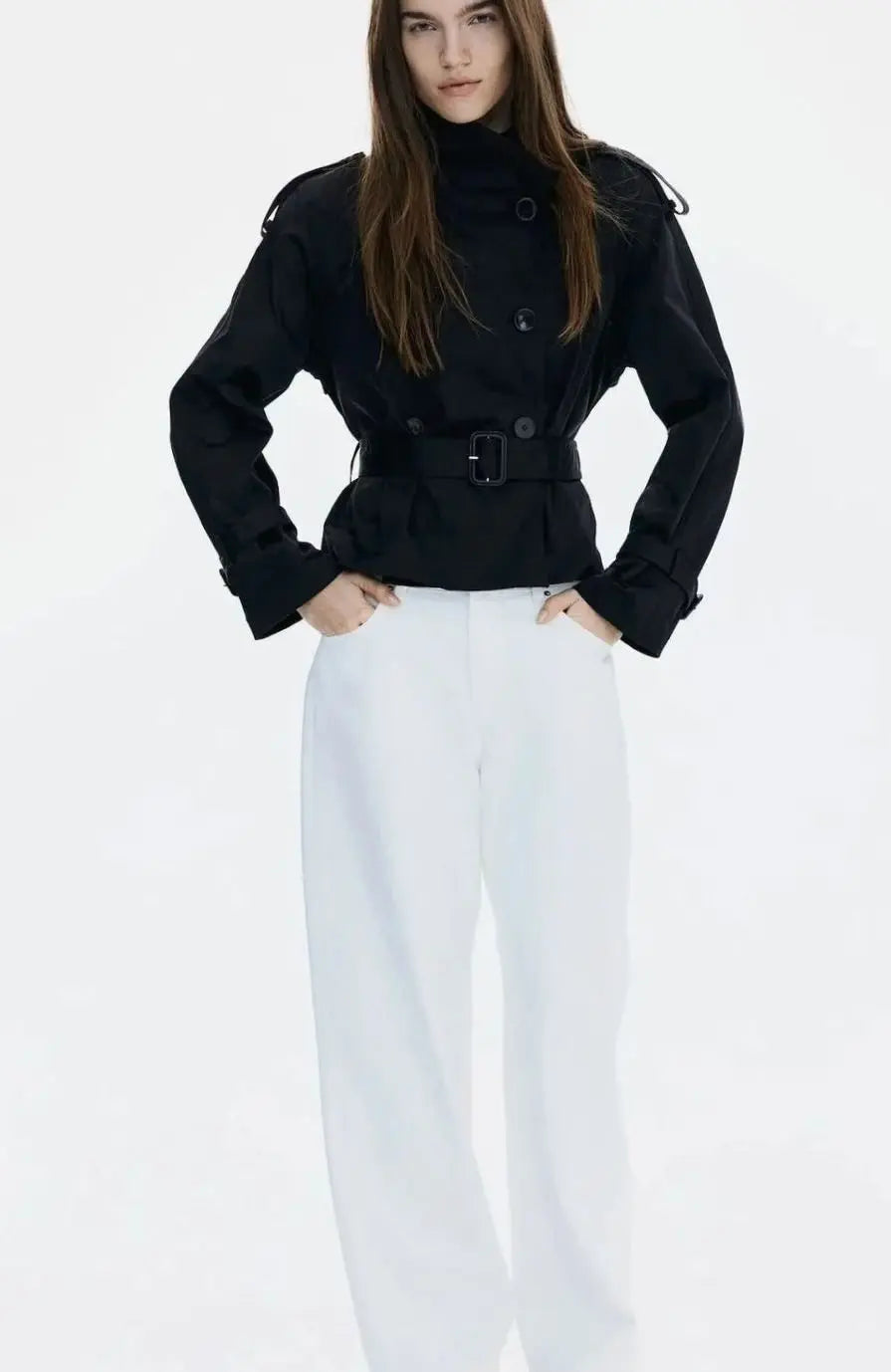 Ivy | Women's Cropped Trench Coat Stand-Up Collar Belted Jacket