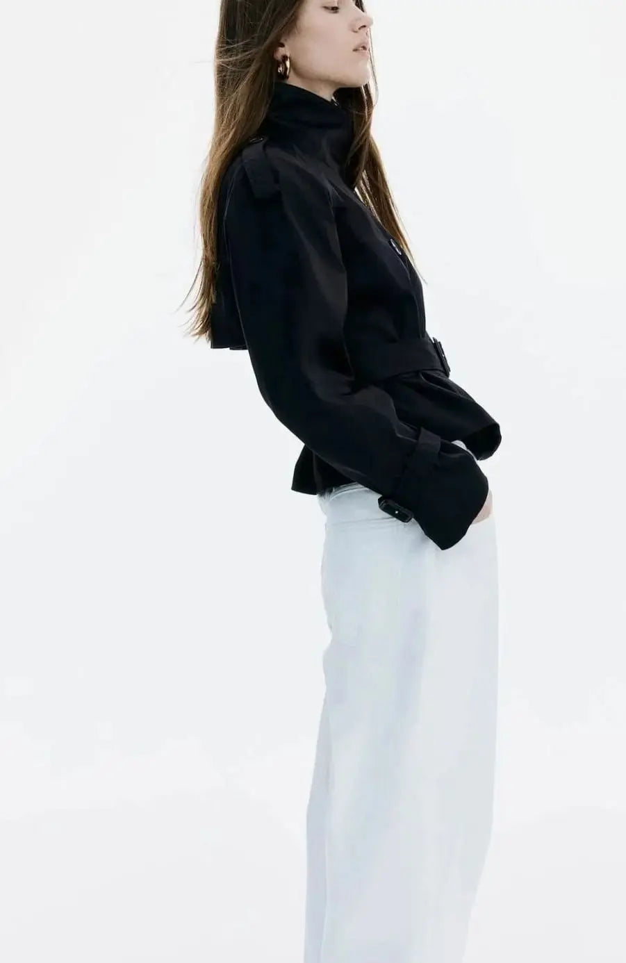 Ivy | Women's Cropped Trench Coat Stand-Up Collar Belted Jacket