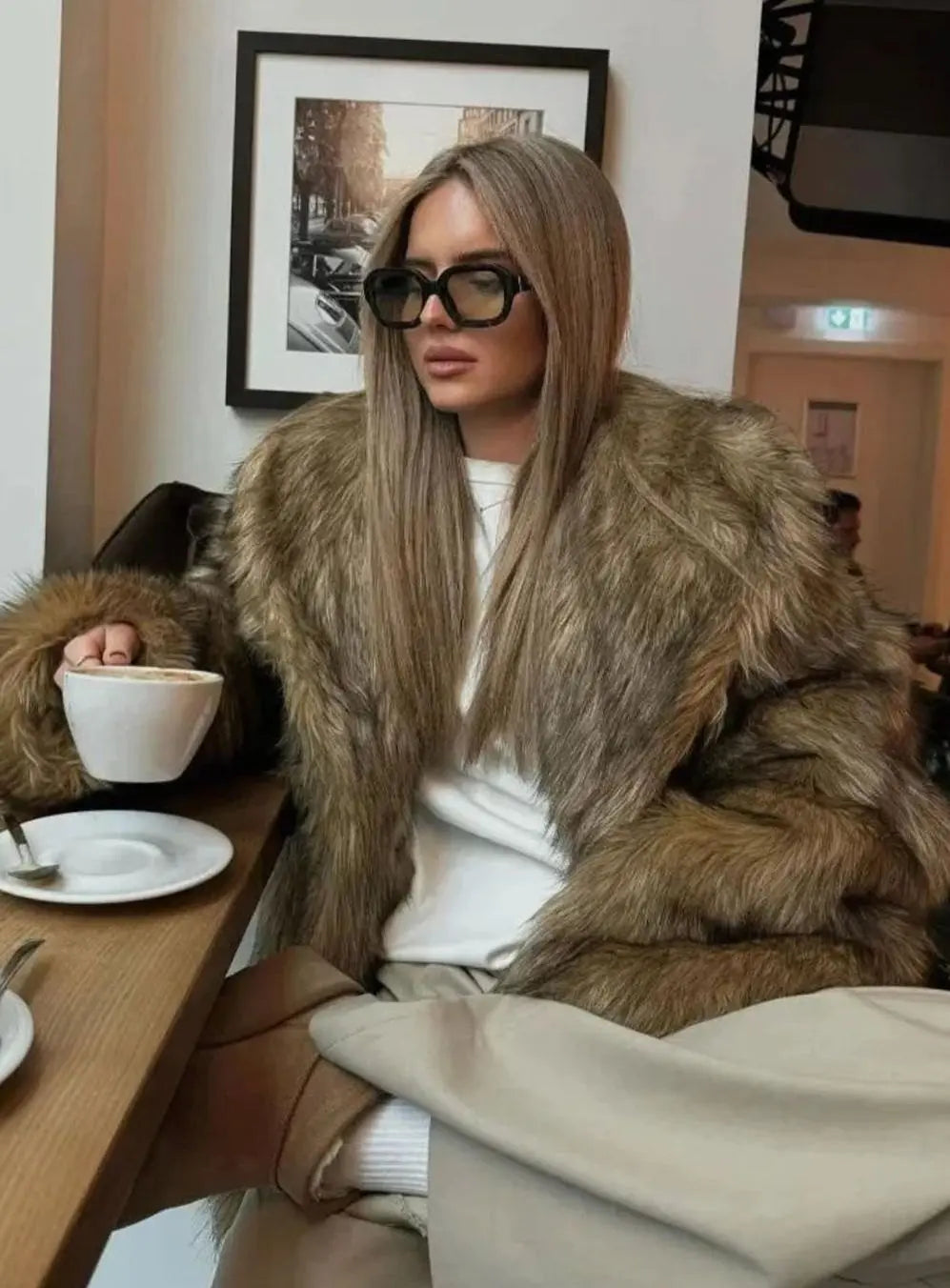 Grace | Women's Fluffy Brown Faux Fur Long-Sleeve Coat