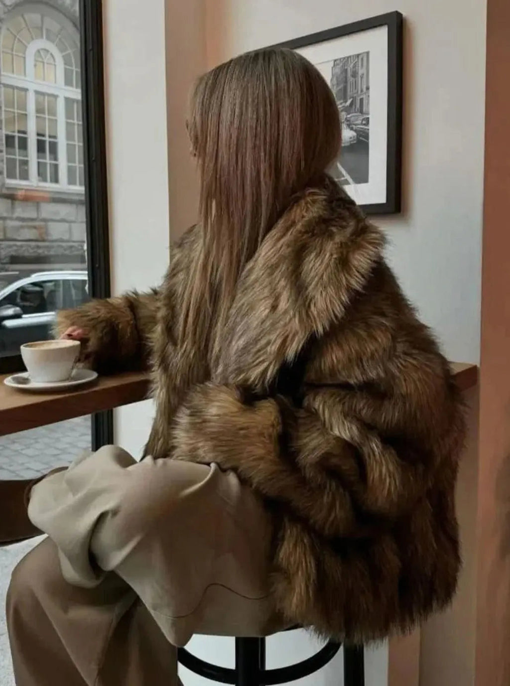 Grace | Women's Fluffy Brown Faux Fur Long-Sleeve Coat
