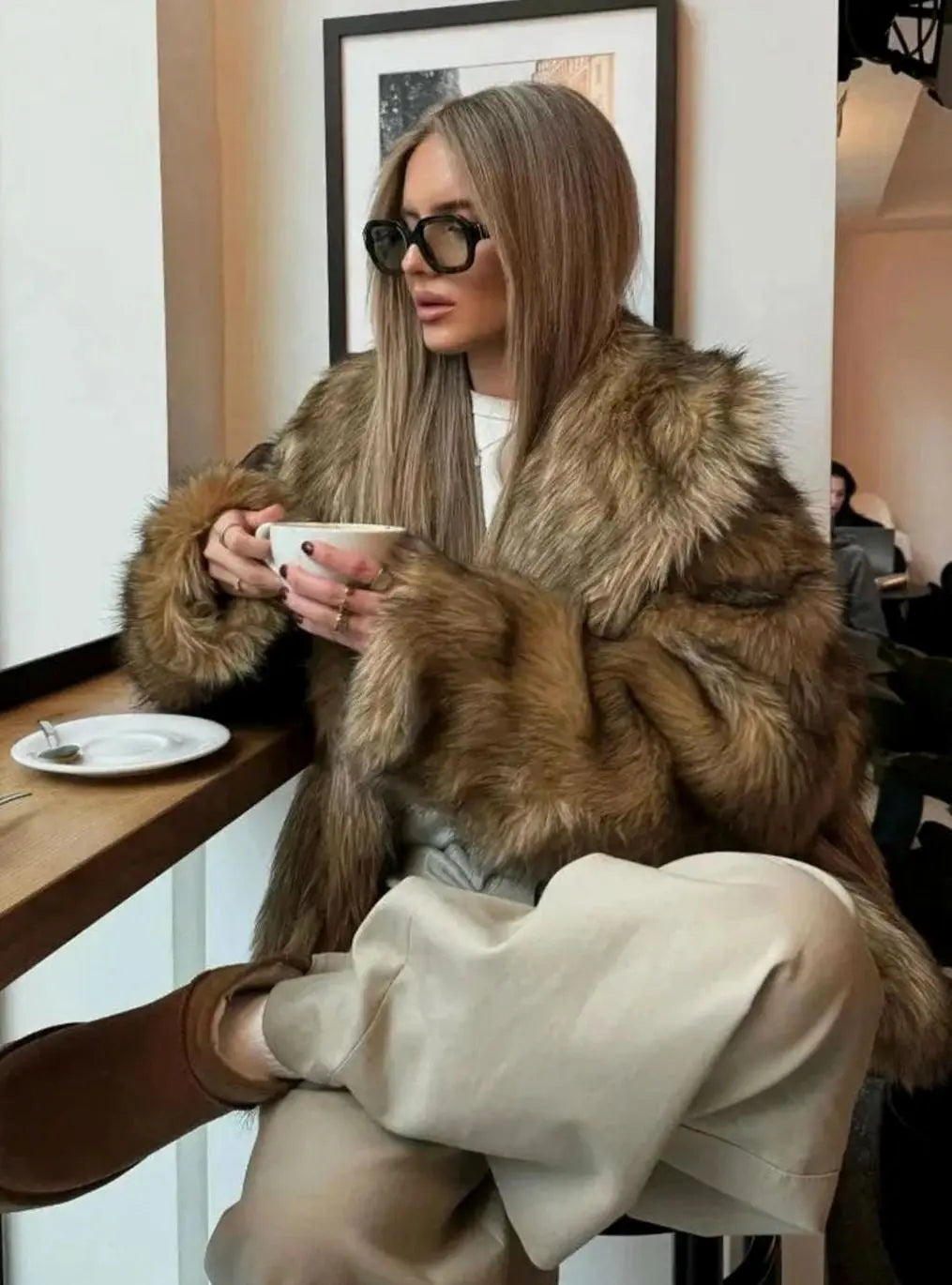 Grace | Women's Fluffy Brown Faux Fur Long-Sleeve Coat