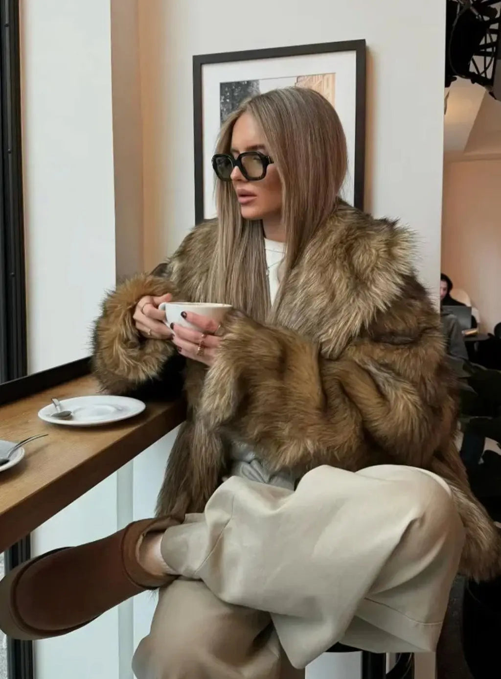 Grace | Women's Fluffy Brown Faux Fur Long-Sleeve Coat