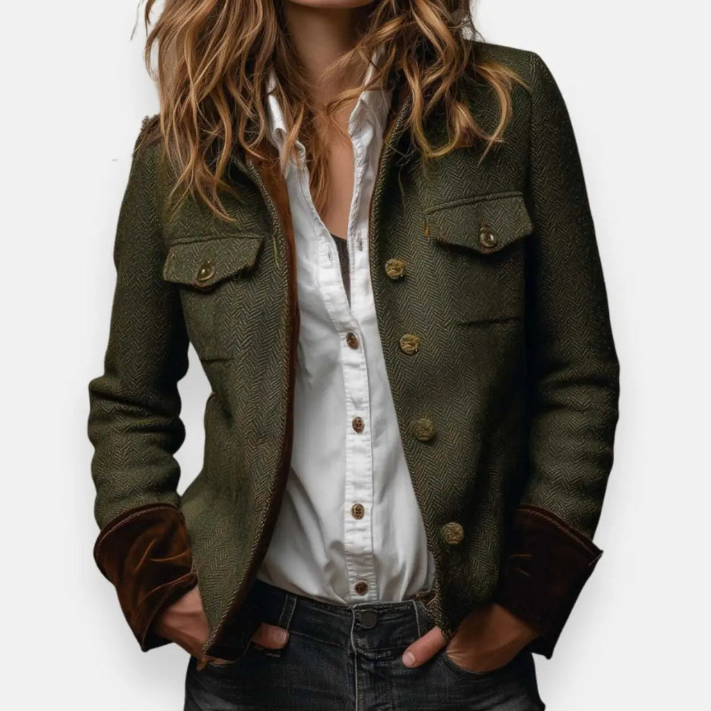 Mia | Women's Herringbone Tweed Utility Quilted Jacket Gold Button Detail