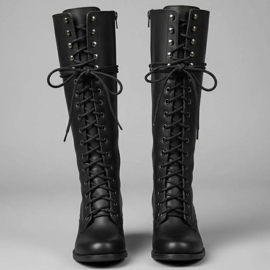 Mia | Women's Lace-Up Studded Knee-High Boots Block Heel