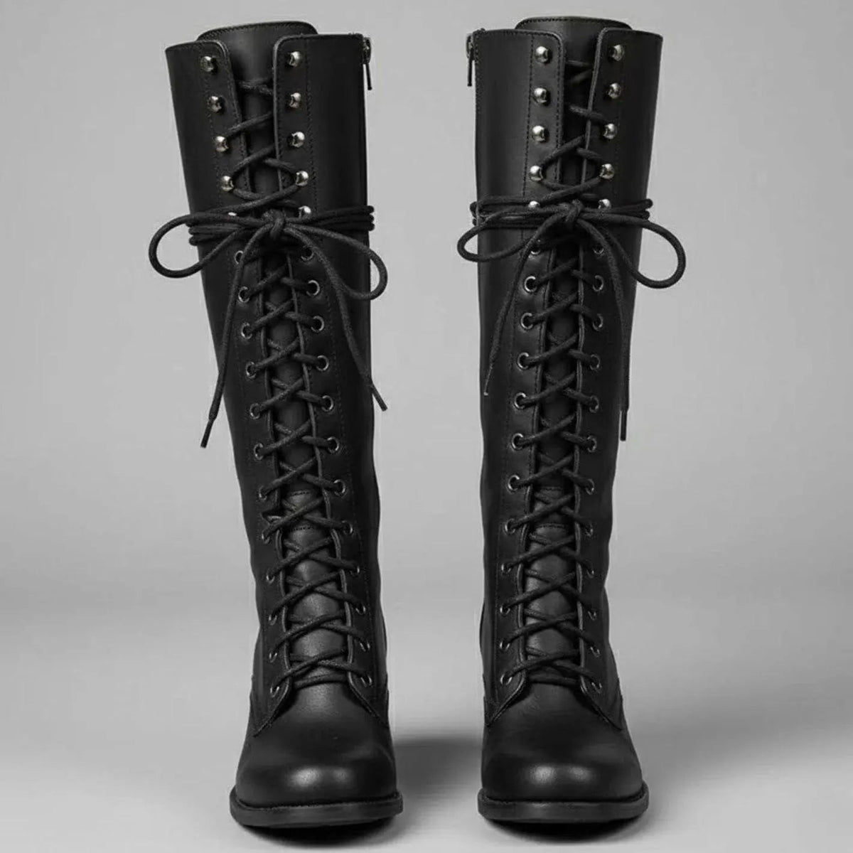 Mia | Women's Lace-Up Studded Knee-High Boots Block Heel