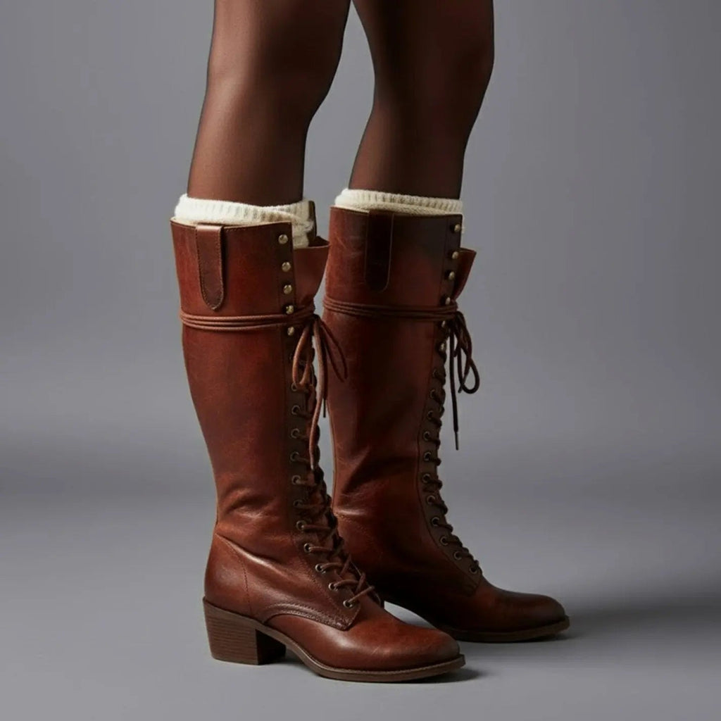 Mia | Women's Lace-Up Studded Knee-High Boots Block Heel